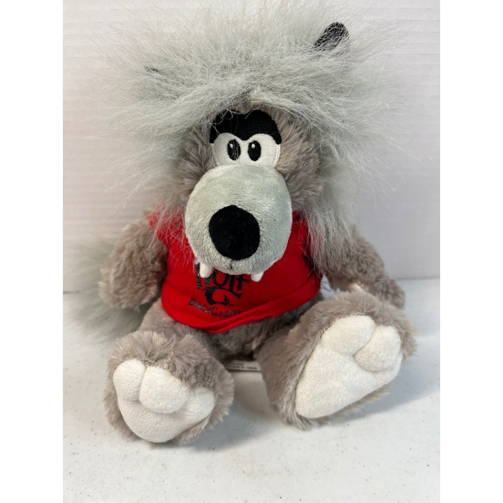 Wolf Gang Busch Gardens Williamsburg Grey Plush Shaggy Mascot Red Shirt 9.5 inch